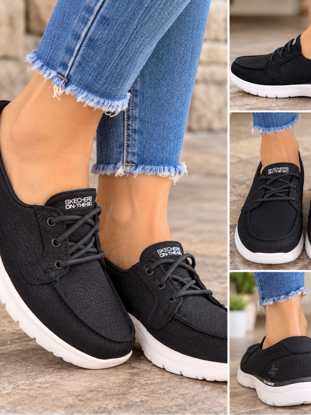 Skechers Women's Black and White Flex Comfort Lace-Up Sneakers Boat Nautical